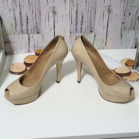 Stuart Weitzman Nude Shimmer Stilettoes Round Open Toe Heels 7 - Picture 4 of 16